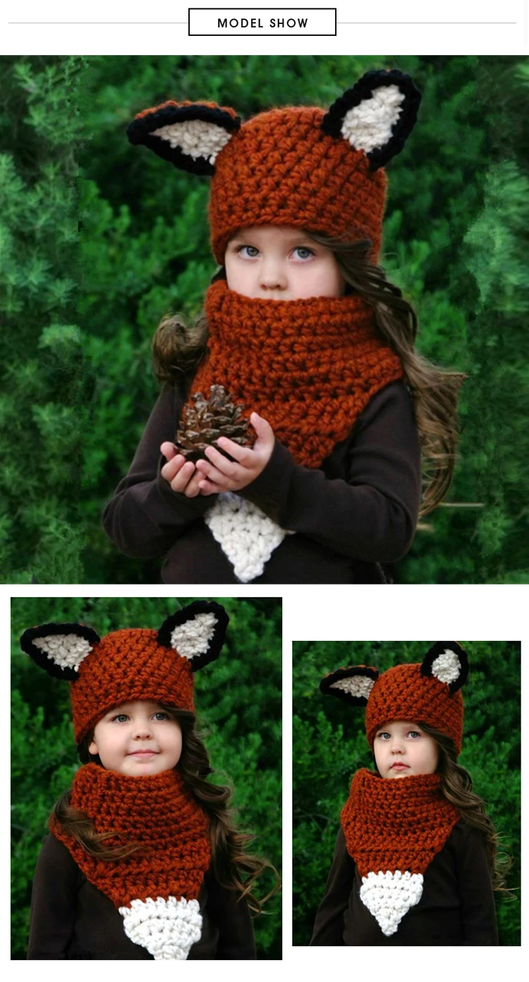 Новая модная детская грубая шерстяная Осенняя шапка с мультяшными лисьими ушками, зимняя теплая вязаная шапка, удобная милая мягкая шапка для малышей, Подарочный шарф