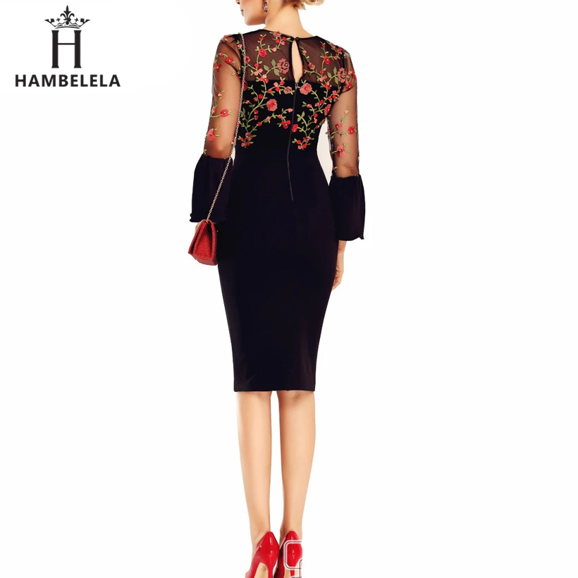 HMBL Summer Elegant Dress Women 2018 Fashion Long Flare Sleeve Embroidery Mesh Office Dress Female Sexy O-Neck Bodycon Dress (1)