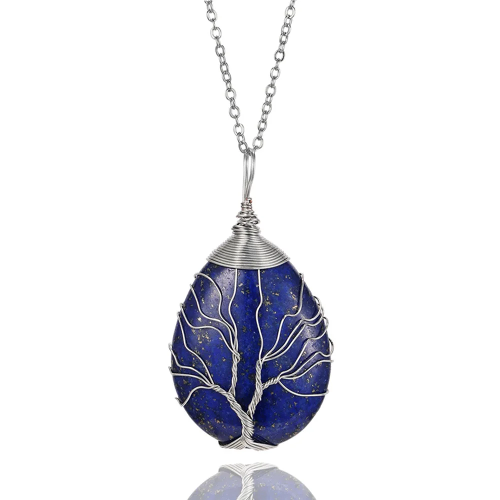 

Unique Silver Color Wire Wrap Tree of Life Pendant Necklaces Handmade Chakra Lapis Lazuli Opal Natural Stone Necklaces For Women