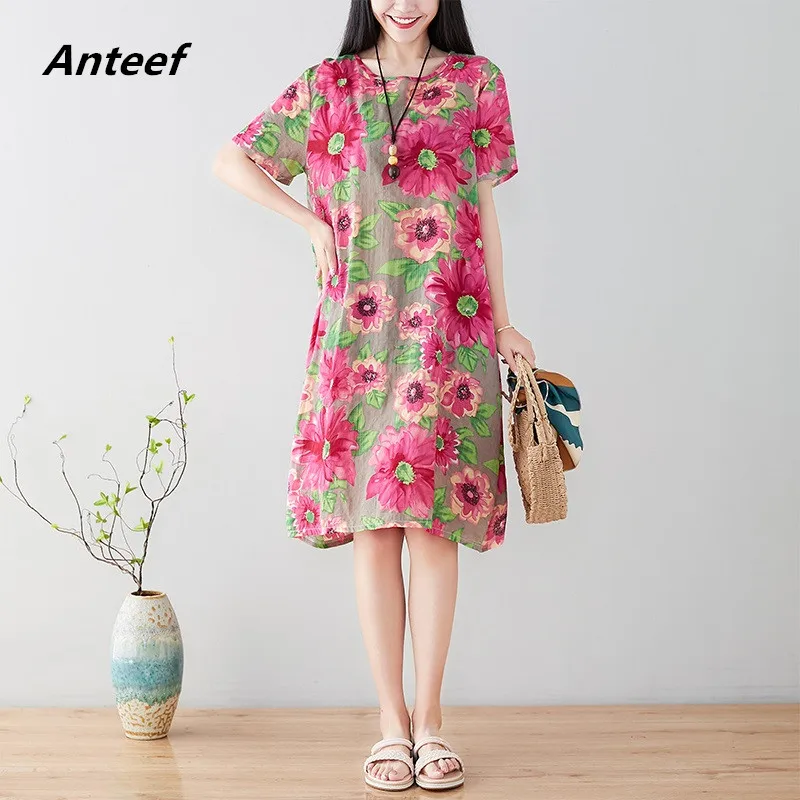 

cotton linen plus size vintage floral women casual loose midi summer dress elegant clothes 2019 ladies dresses sundress