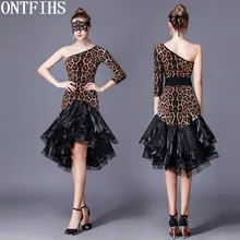 ONTFIHS Latin Dress Dancing Clothes Leopard Latin Dance Dress Women Single Sleeve Tango Dress Salsa Rumba Modern Dance Costumes