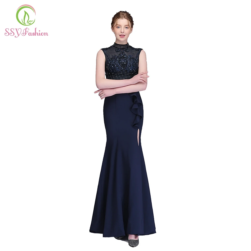 

Clearance Banquet Elegant Mermaid Evening Dress Luxury Handmade Appliques Beading Fishtail Navy Blue Sexy Party Formal Gown
