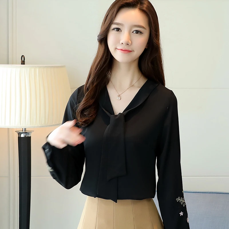 Long sleeve V neck embroidery chiffon blouse womens top 2019 summer office lady shirt tunic slim plus size white kimono clothes