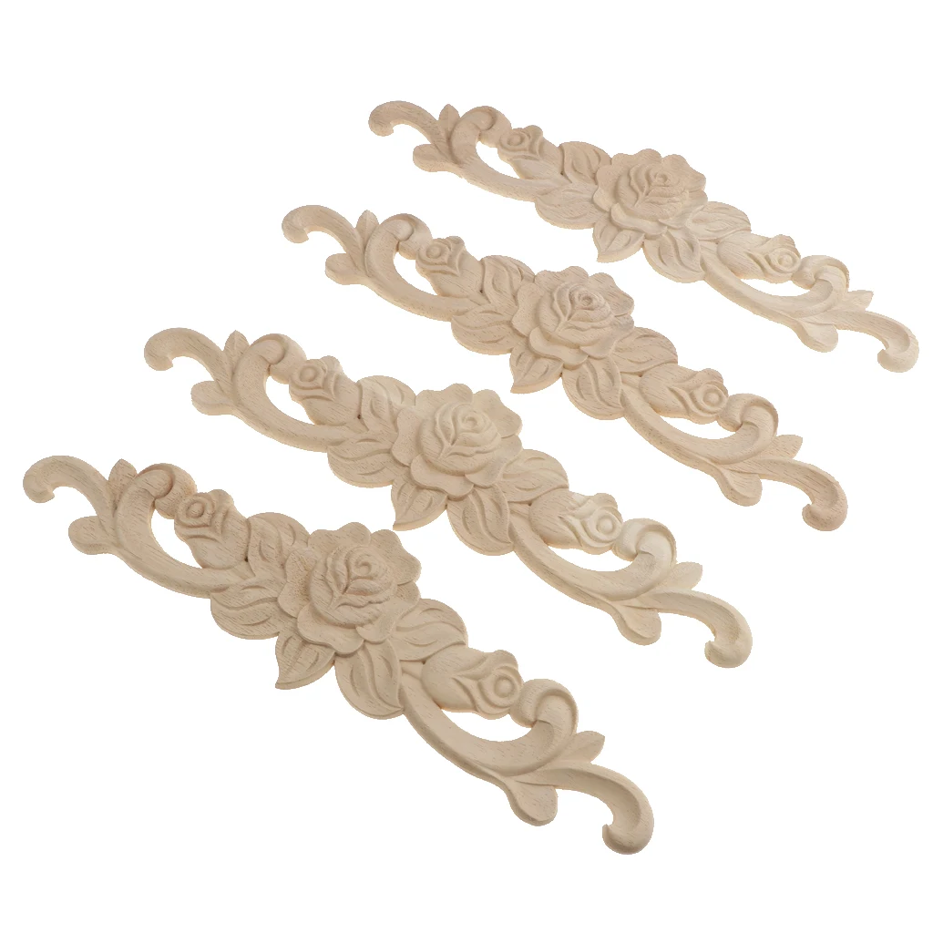 4pcs Retro Unpainted Floral Wood Carved Decal Corner Applique Frame For Home Furniture Wall Cabinet Door Decor