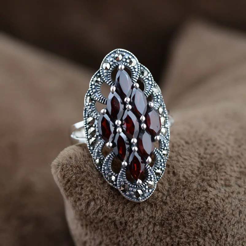 925 Sterling Silver Jewelry Nature Stone Ring Garnet Indian Vintage Style For Women Anillos De Plata