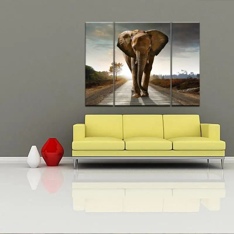 3pcs HD Spray Canvas Print Painting Elephant on the road Wall Art decor Picture Modern Home Decoration stickers 072006 | Дом и сад