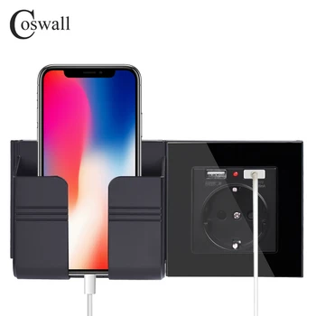 

COSWALL Dual USB Charging Port 16A Wall EU Russia Socket Power Outlet Glass Panel PC Panel Black Color
