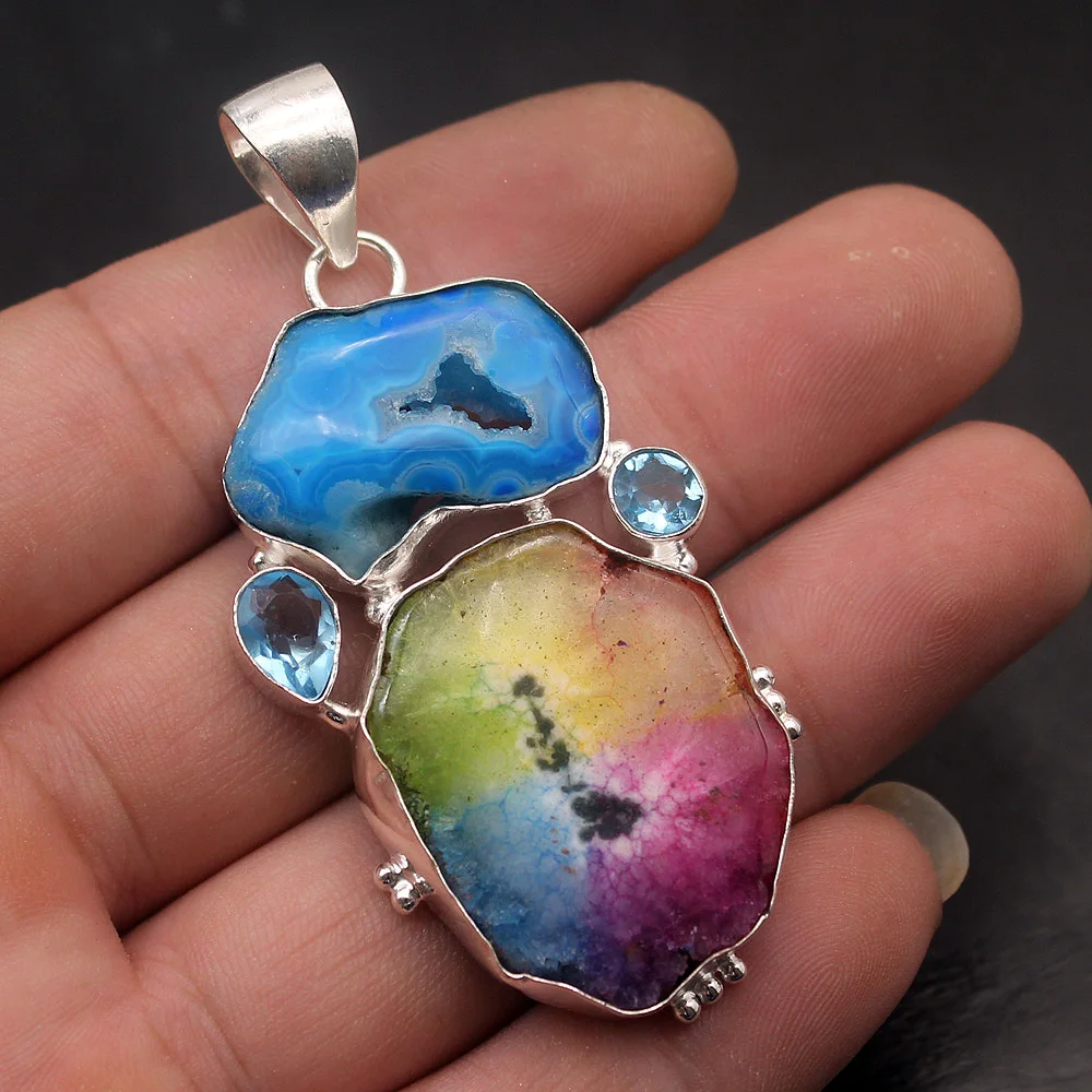 

Hermosa Fantasy Natural Solar Quartz Topaz925 Sterling Silver Necklace Pendant Charms 2 3/4 Inch NY1192 Free Shipping