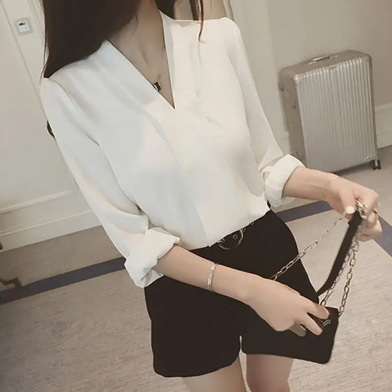 

Spring Korean Style Office Shirts Autumn Solid Color Blouses Women V Neck Tops Long Sleeve Chiffon Blouse Female Shirt