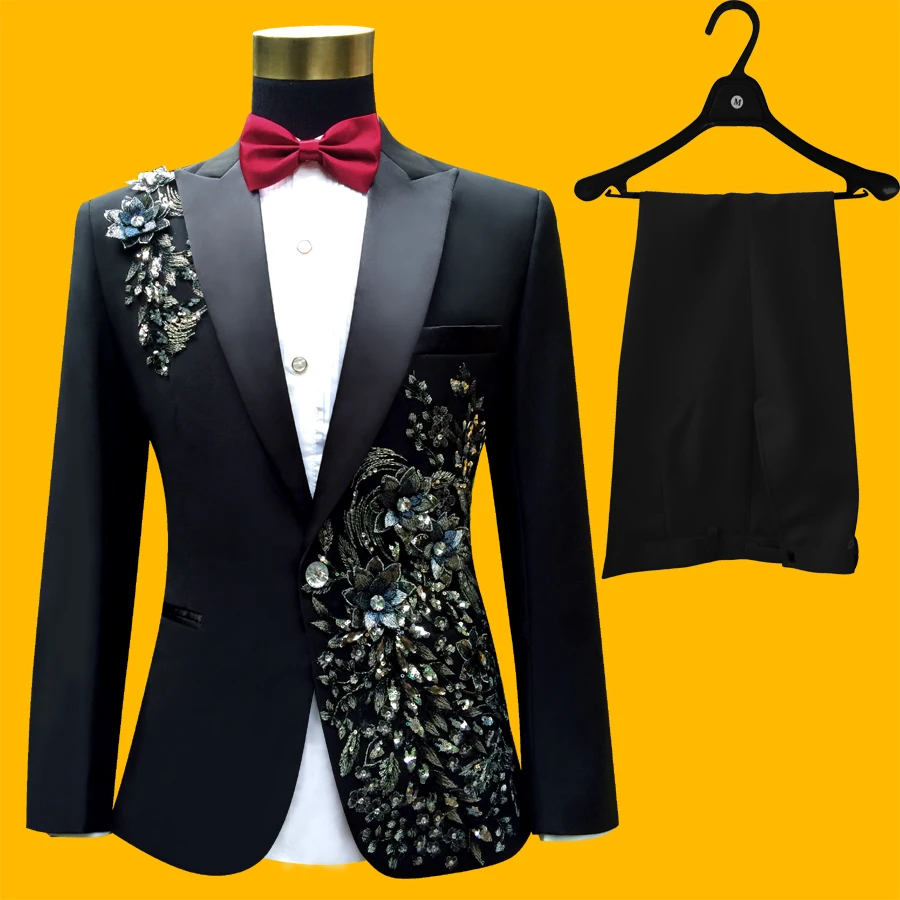 

Black Three Pieces Set Men's Singers Suits Sequins Embroidered Flower Wedding Party Suits Tuxedo For Men Bridegroom Groomsmen