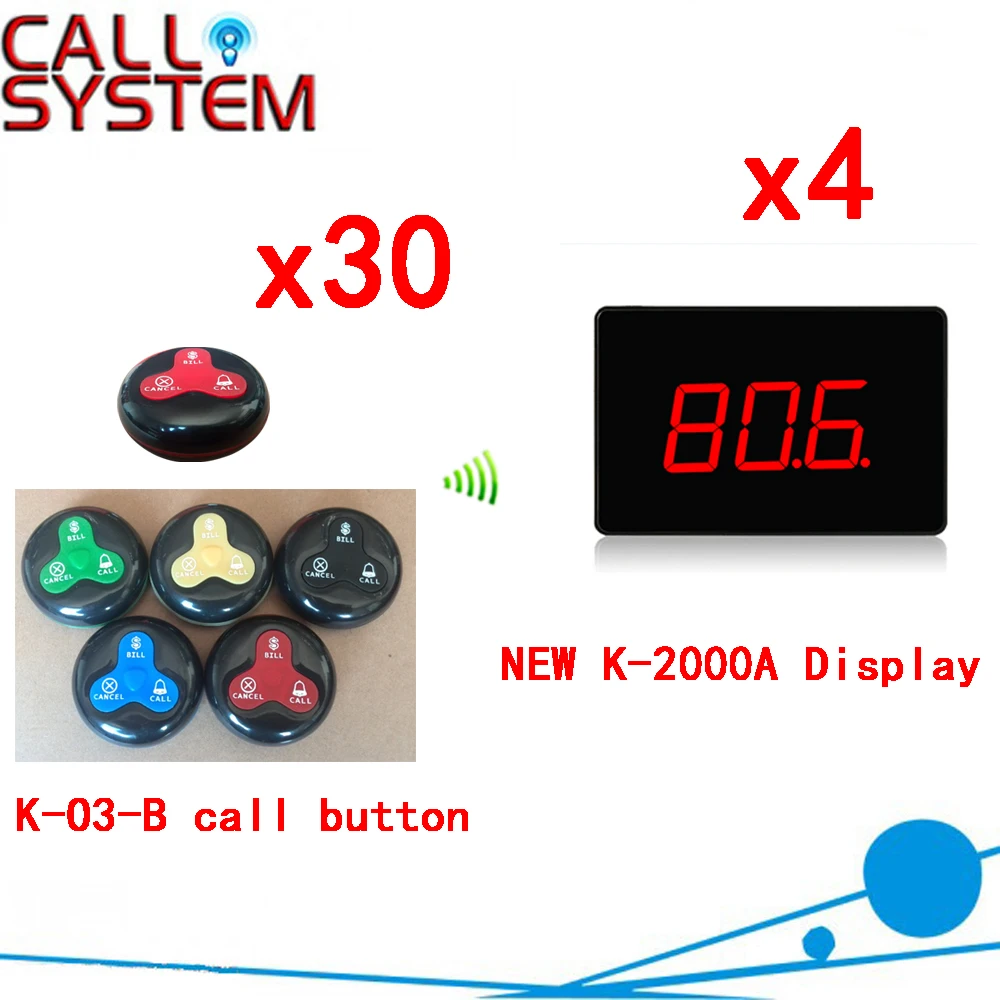 Wireless Bell Table Buzzer System Colorful Waiter Call Button With Show 3-digit Number Display(4 display+30 call button)