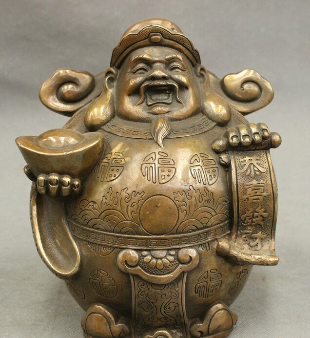 

8" Tibet Bronze Copper Carved YuanBao RuYi 100 Fu Fortune Mammon God Statue