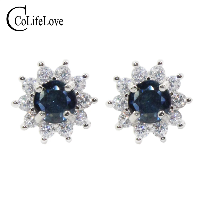 Deslumbrantes pendientes de plata 925, aretes de zafiro azul oscuro