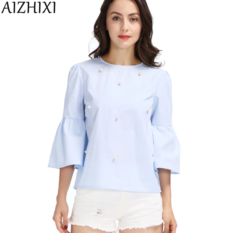 AIZHIXI Women Elegant Pearls Beading Flare Sleeve Shirt O Neck Blouse Three Quarter Sleeve 2017 Summer