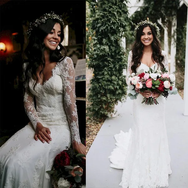 

Country Wedding Dresses 2019 V Neck Lace Illusion Long Sleeves Elegant Bridal Gowns robe de mariee vestido de novia Custom Make