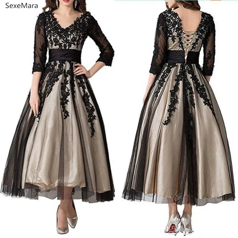 

New Long Sleeve Black Lace Women Dress V Neck Champagne Lining Wedding Guest Dress for Special Occasion Custom Made Size