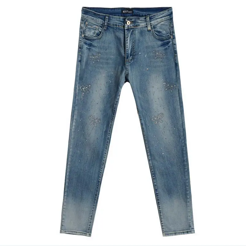 ФОТО 5XL plus size cotton jeans Pants 2017 new fashion women 's beading bow pattern jeans jeans w1492 free shipping