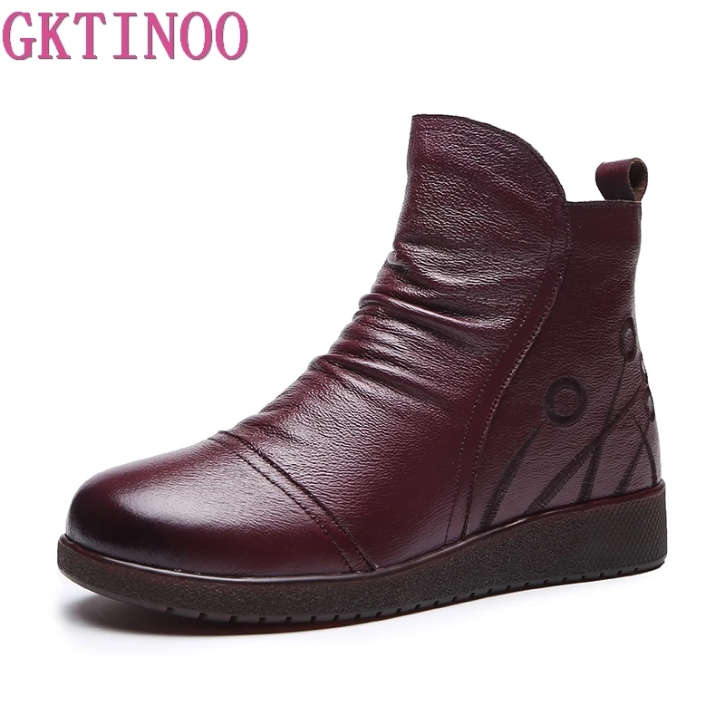 

GKTINOO New Vintage Pleated Genuine Leather Zipper Ankle Boots For Women Snow Boots Winter Short Plush Warm Flat Shoes Woman