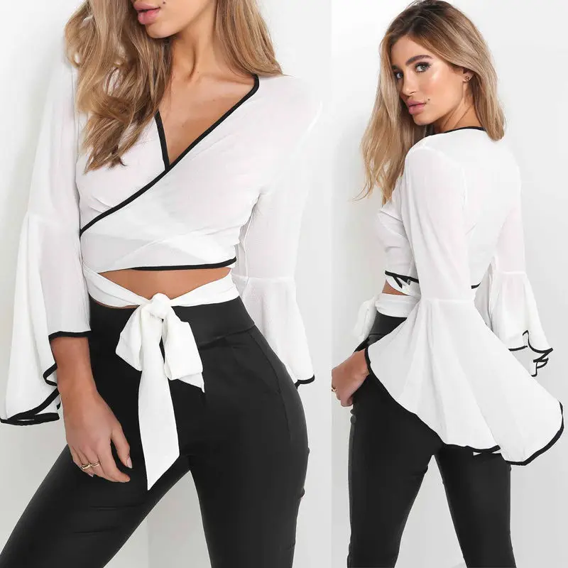 

Hirigin Streetwear Women's Lady Loose Long Butterfly Sleeve Casual Deep V-Neck Shirt Tops New Short Blouse
