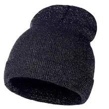 Стильная Блестящая серебряная вязаная шапка женская эластичная однотонная шапка бини черная темно-красная