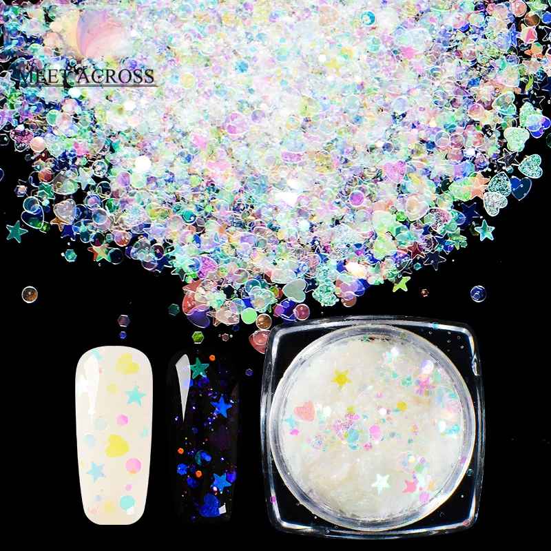 

MeetAcross Holographic Colorful Broken Paillette Nail Glitter Summer Charms Designs DIY Irregular Sequins Laser Nail Dust Powder