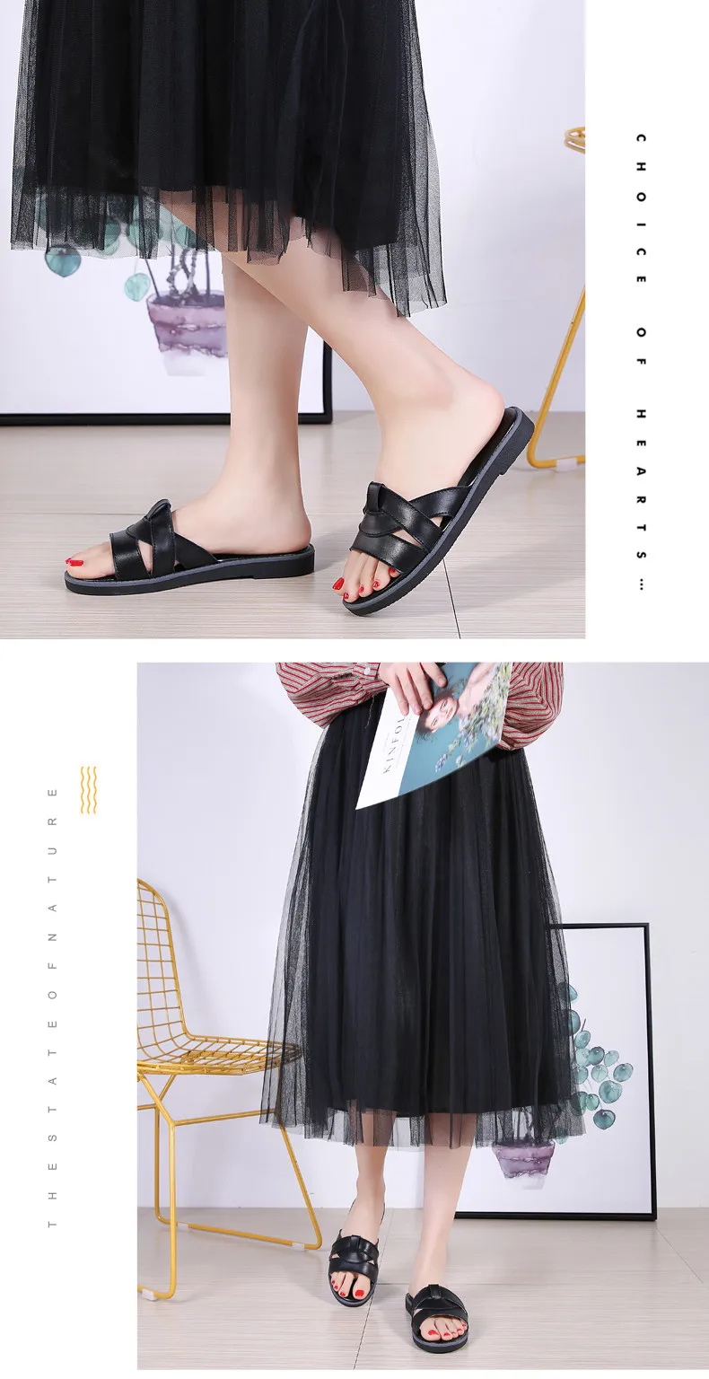 2019 Summer women slippers slip on round toe flat slides sandals women white black leather slippers flip flops slippers  (11)