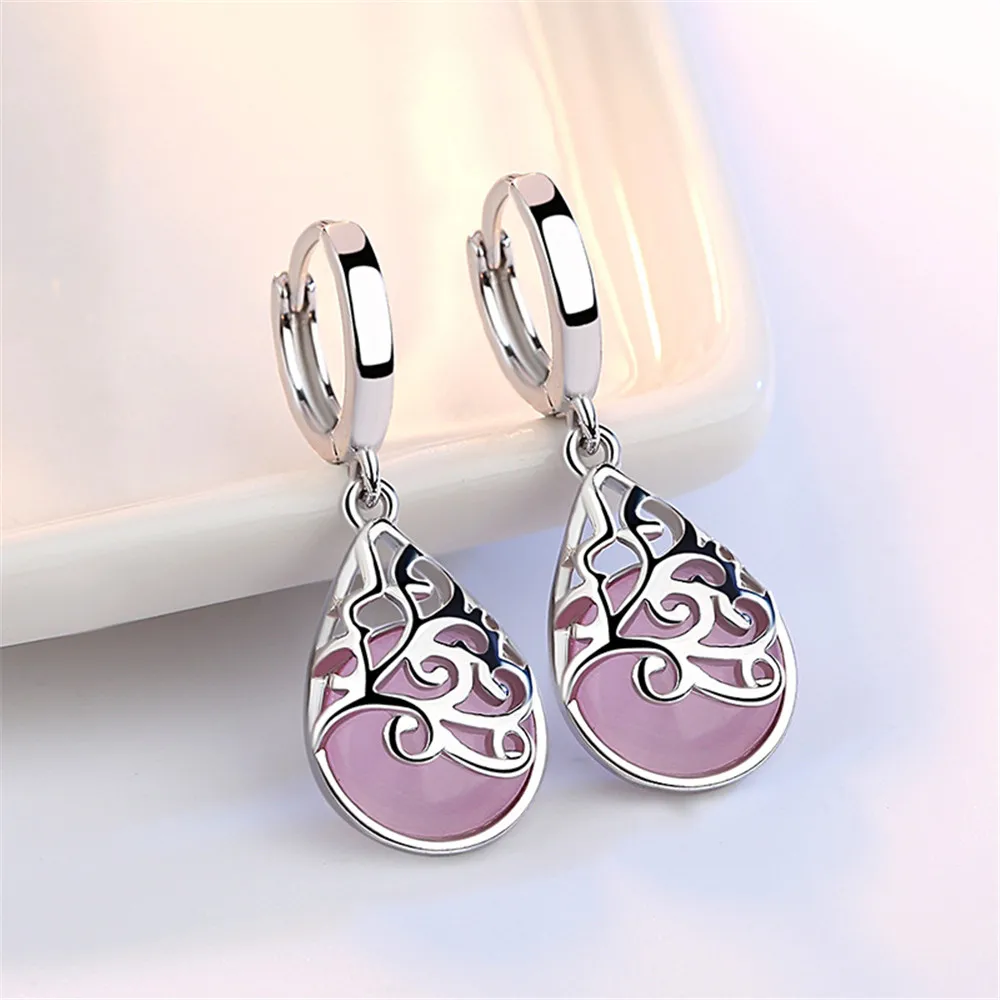 

925 Sterling Silver Earrings for Women Moonlight Opal Tears Totem Drop Earrings Girls Lovely Gifts White Pink Flower Earring