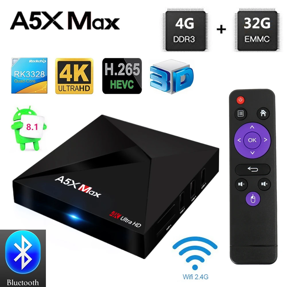 

A5X MAX Android 8.1 4GB 32GB TV BOX RK3328 4K BT 4.1 USB 3.0 2.4G WiFi 100M Lan Smart Media Player HD2.0 OTT TV BOX