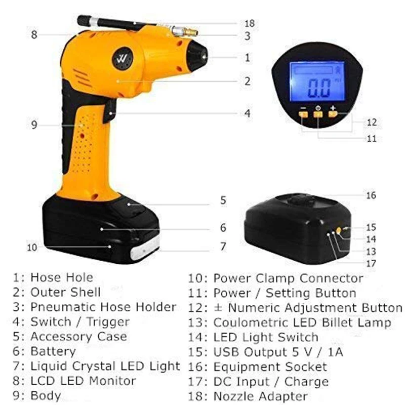 Портативный воздушный компрессор беспроводной шиномонтажный насос с цифровым дисплеем, светодиодное освещение, манометр 12 В идеально