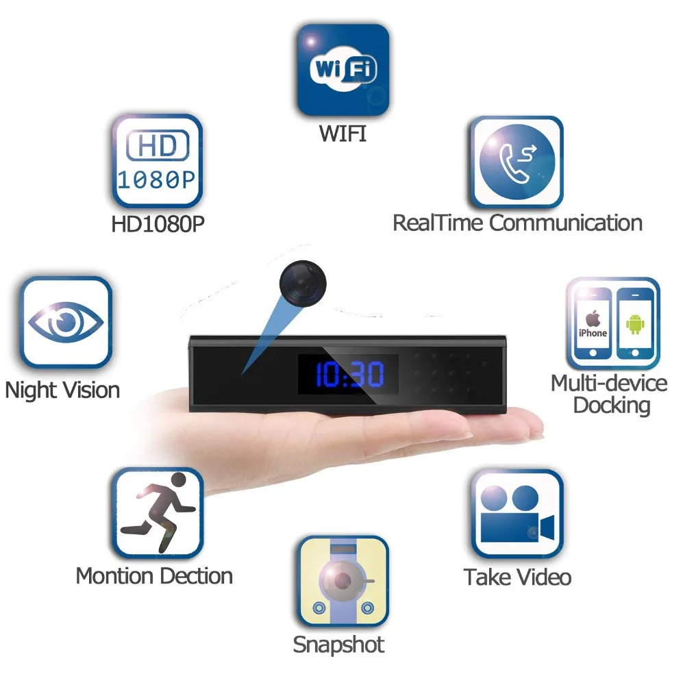 

Wireless Mini Camera WIFI HD 1080P Recorder Desktop Clock Special Infrared Night Vision 140 degree Angle Monitoring Detection