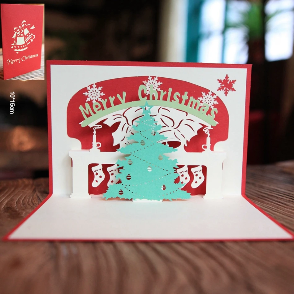

10pcs Red Merry Christmas Tree 3D laser cut pop up paper handmade postcards custom greeting cards Xmas tree gifts paper 9009R