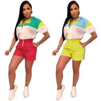 

Wantmove 2019 new summer women jumpsuit fashion multi-color stitching short sleeve loose casual plus size women jumpsuit WM752