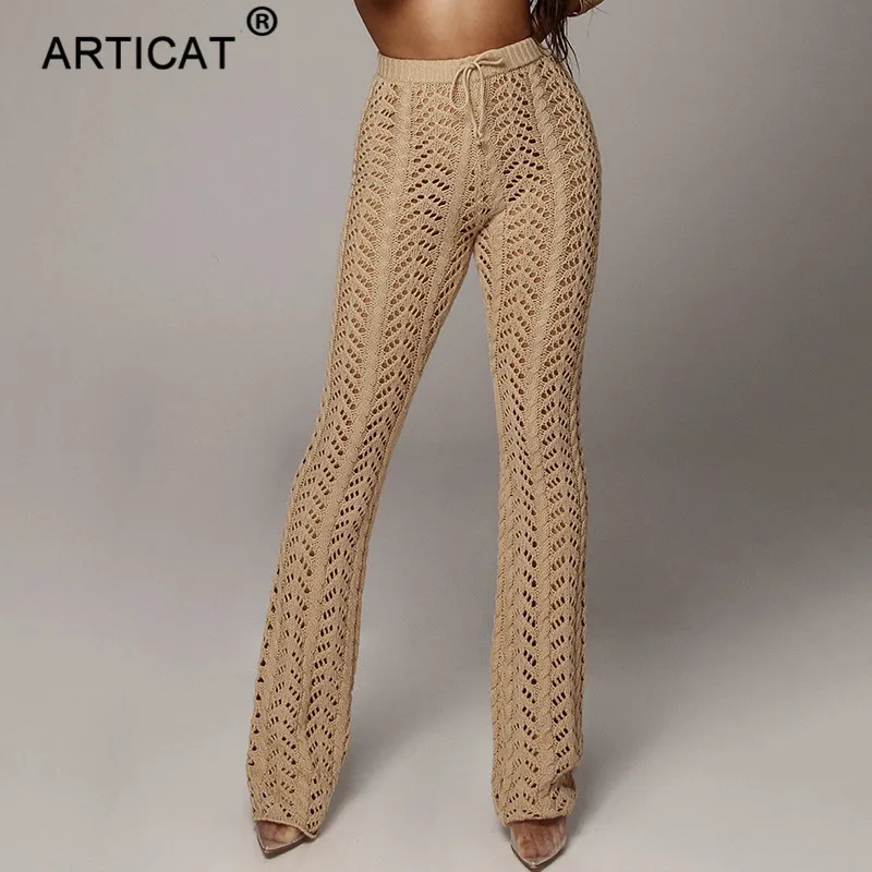 Articat, высокая талия, Трикотажные сексуальные штаны для женщин, прозрачные, с вырезами, вязанные крючком, широкие штаны, Осенние, вечерние, женские брюки, низ