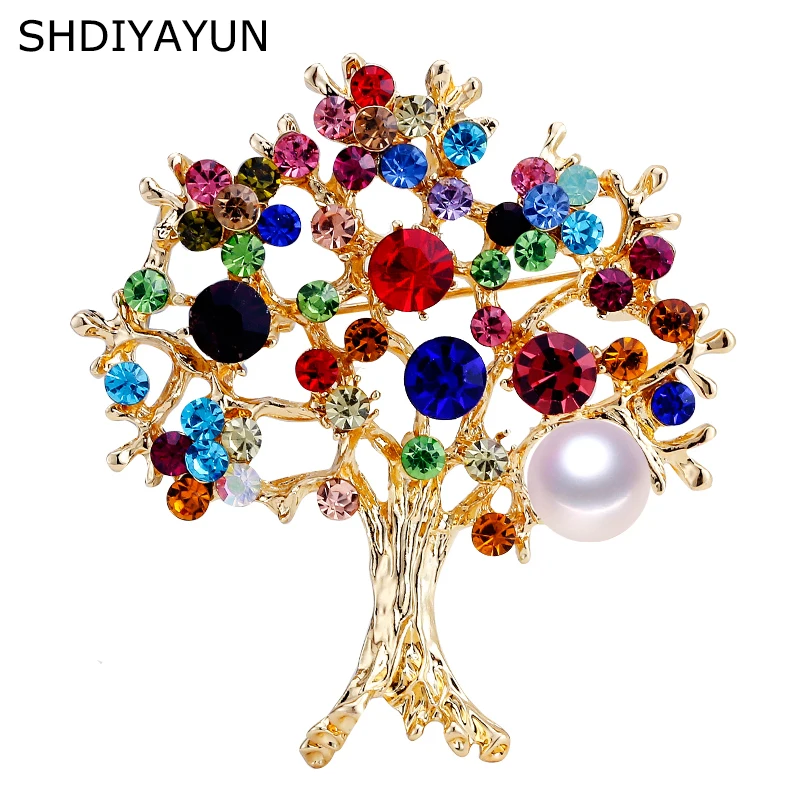 

SHDIYAYUN Pearl Brooch Colorful Rinestone Tree Brooch For Women Gold Brooch Pins Natural Freshwater Pearl Jewelry Dropshipping
