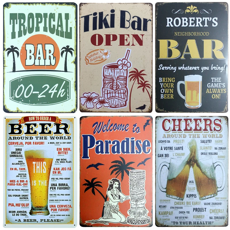 Tiki Bar Open Band Chic Home Bar Vintage Metal Signs Home Decor