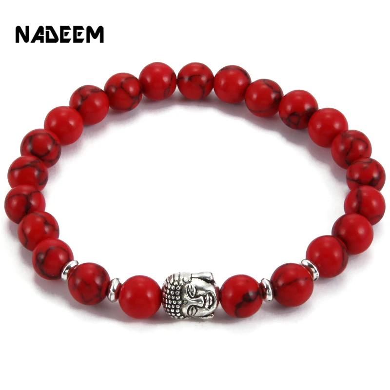 

Best Selling 8MM Women Men Design Red Turquoise Stone Elastic Silver Plated Buddha Charm Bead Bracelet Jewelry ND2192