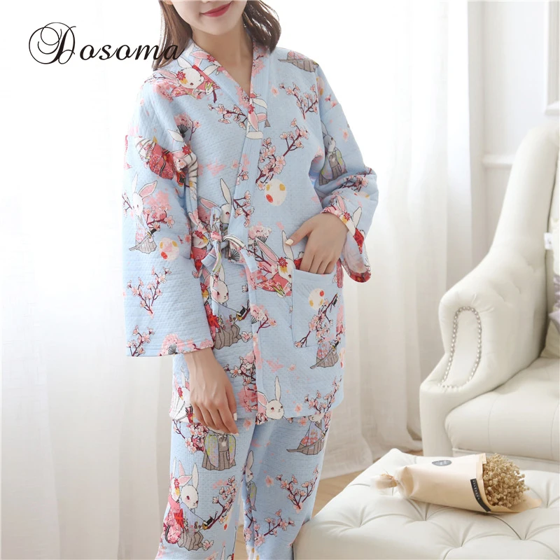Japanese Yukata Kimono Suits Thickening Cotton Winter Warm Tops Pants