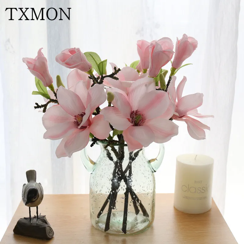 Vintage 2 heads Single Magnolia artificial silk Flower Decoration