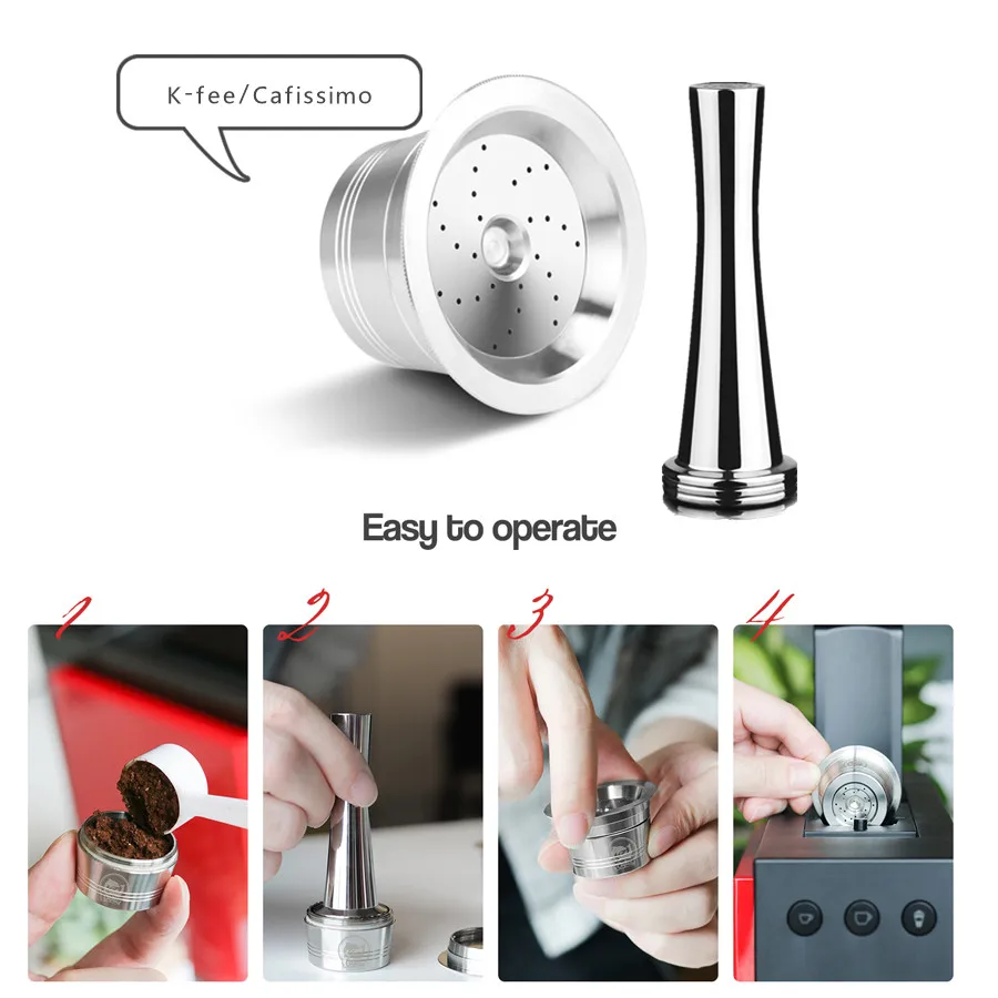 

ICafilas Stainless Steel ReusableK-fee Coffee Filters Tamper For Caffitaly Tchibo Cafissimo ALDI Expressi Coffee Capsule Machine