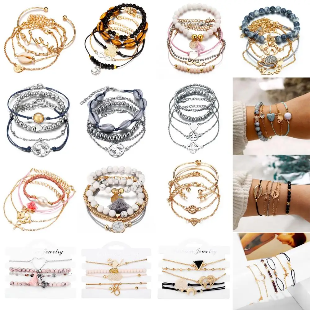 

2019 Boho Bangle Elephant Heart Shell Star Moon Bow Map Crystal Bead Bracelet Women Charm Party Wedding Jewelry Accessories