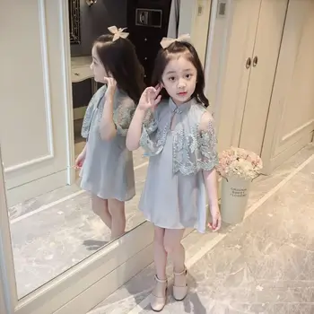 

Kids Girls Princess Lace dress with floral Mesh Shawl 2018 Summer Girls Sleeveless Dresses Party Children's Clothing