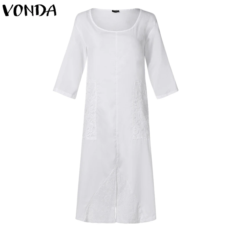 Платье для беременных,, VONDA, сексуальный длинный макси, платья для вечеринок, винтажное однотонное платье с разрезом на подоле, сарафан, свободное платье с круглым вырезом и коротким рукавом, Vestidos - Цвет: Белый