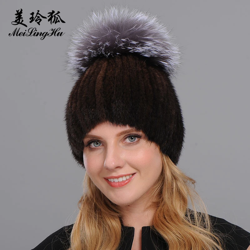 

Brand Thick Women Hats Real Mink Fur Hat Girl Fashion Winter New Knitted Mink Fur Beanies Cap With Fox Fur Pom Poms ombrero