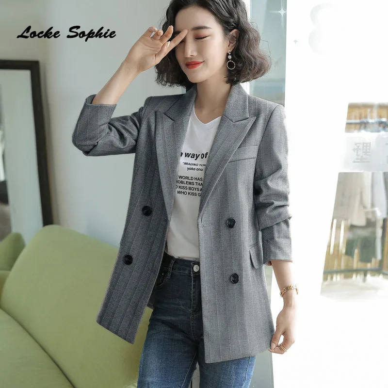 Women's Plus size Blazers coats 2019 Autumn cotton blend stripe Double-breasted Small Suits jackets ladies Skinny Blazers Suit