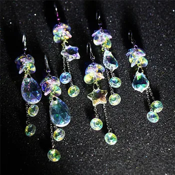 

BOAKO Rainbow Color Austrian Crystal Rhinestone Long Tassel Boho Chandelier Dangle Drop Earrings for Women Bridal Jewelry X7-M2