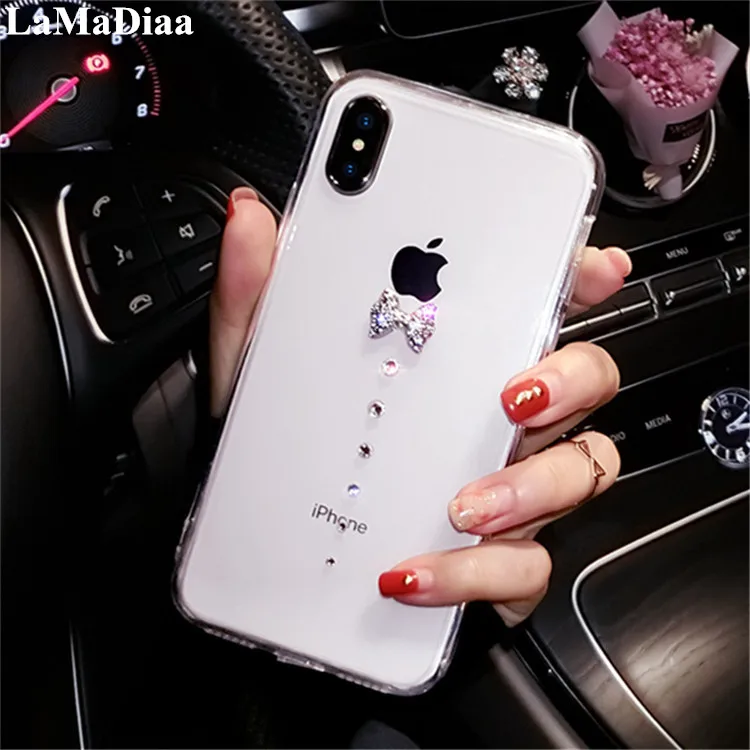LaMaDiaa Bling Стразы с бантом чехол для iphone11 12 Pro MAX 5s 6 6s 7 8 Plus X XS XR мягкий прозрачный