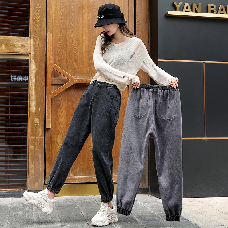 Осенние и зимние джинсы женская новая Корейская версия брюки с высокой талией джинсовое изделие свободного кроя Джемперы теплые