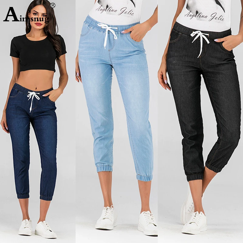 

Plus size S-5XL Summer Women Denim Trousers Ladies Calf-length Pants boyfriend Jeans Elastic Waist Lace-up Female Jeans Pants