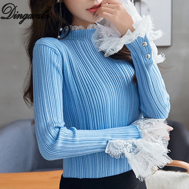 

Dingaozlz Autumn Winter Sweater New fashion High collar Knitted sweater Patchwork Lace Tops Long sleeve Women Pullovers