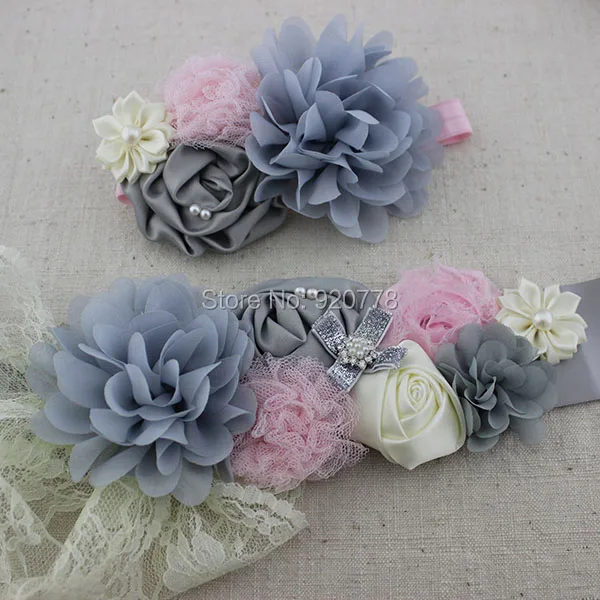 

2pcs/set Fashion sliver grey sash and matching headband chiffon shabby flower sash belt girl flower sash Maternity belt